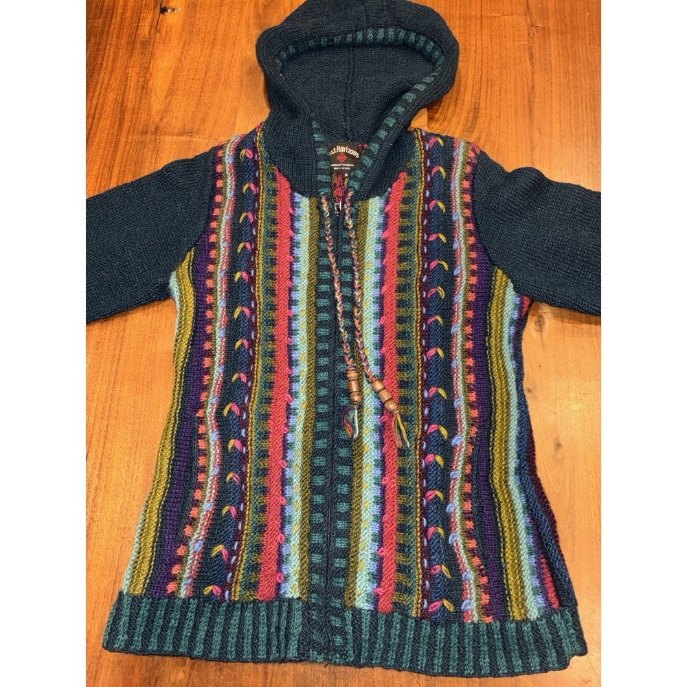 Lost Horizons Nepal 100% Wool Sweater WomensSmall Boho Multicolor Zipped Hooded